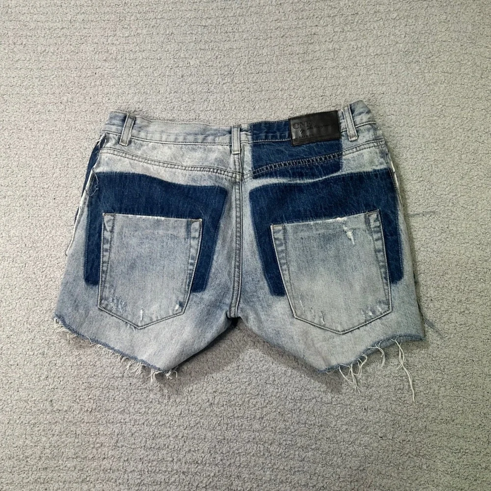 One x OneTeaspoon Denim Shorts Saints 25 Blue Distressed Two-Tone Raw Hem Grunge
